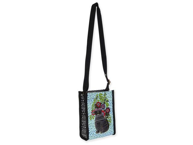 Laurel Burch Black Kitty Noir In Blossoms Neoprene Crossbody, 4.75 x 2 x 6.5'