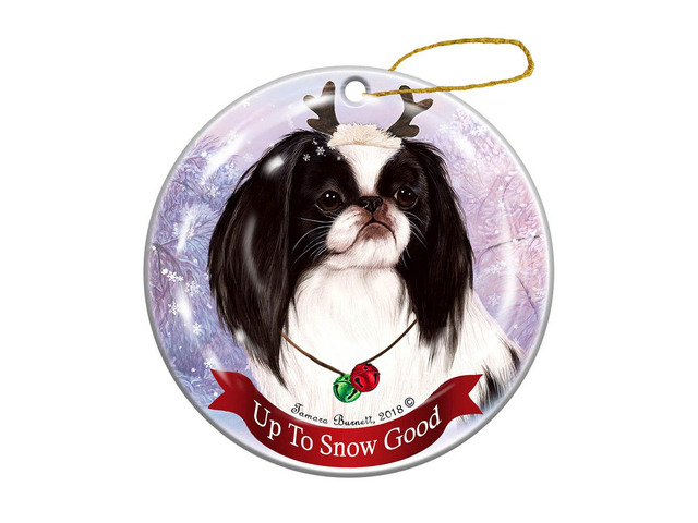 Holiday Pet Gifts Black/White Japanese Chin Reindeer Dog Porcelain Ornament