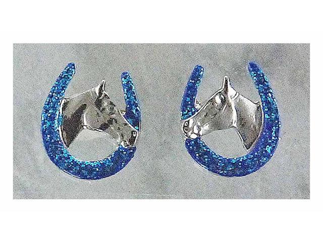 Finishing Touch Horse Head In Horseshoe Glitter Earrings, Teal Blue