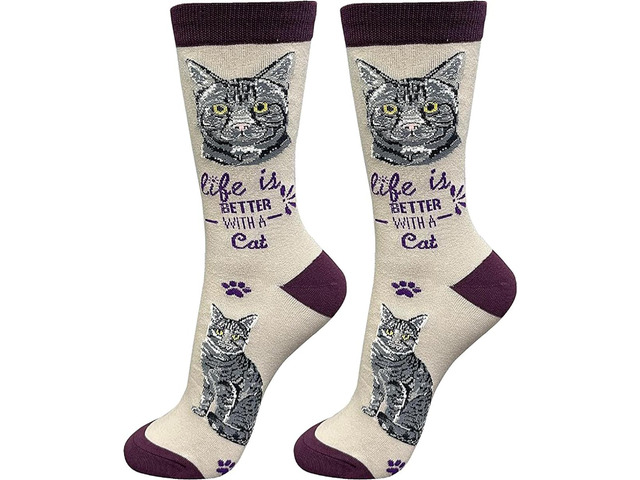 E & S Pets Pet Lover Socks, Life is Better with a Silver Grey Tabby Cat