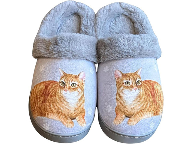 E & S Pets Orange Tabby Cat Snugg Slippers for Pet Lovers - Memory Foam, S/M