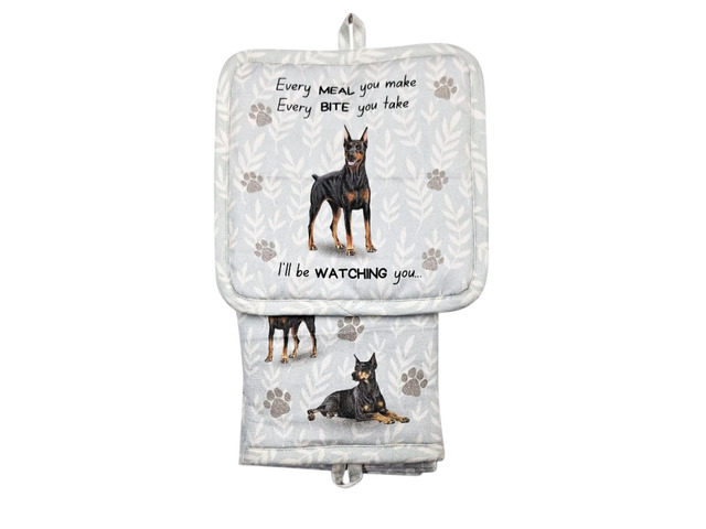 E & S Pets Doberman 3 Piece Kitchen Set - Oven Mitt, Towel, Pot Holder