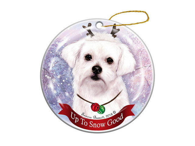 Holiday Pet Gifts Maltese Dog Porcelain Reindeer Christmas Ornament
