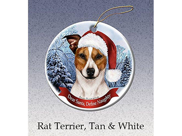 Holiday Pet Gifts Rat Terrier (Tan & White) Santa Hat Dog Porcelain Ornament