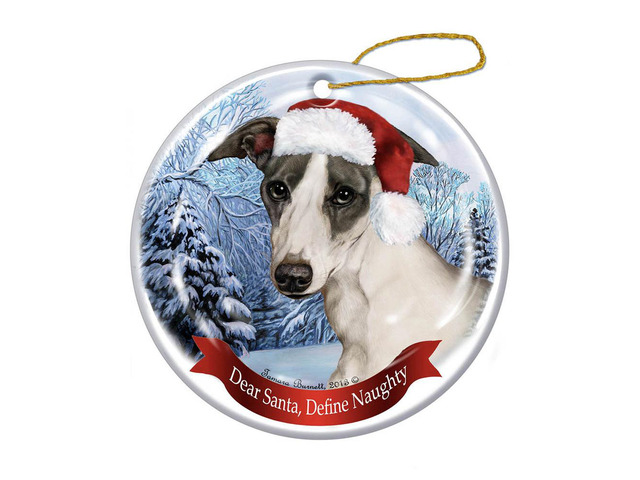 Holiday Pet Gifts Blue Whippet Santa Hat Dog Porcelain Christmas Tree Ornament