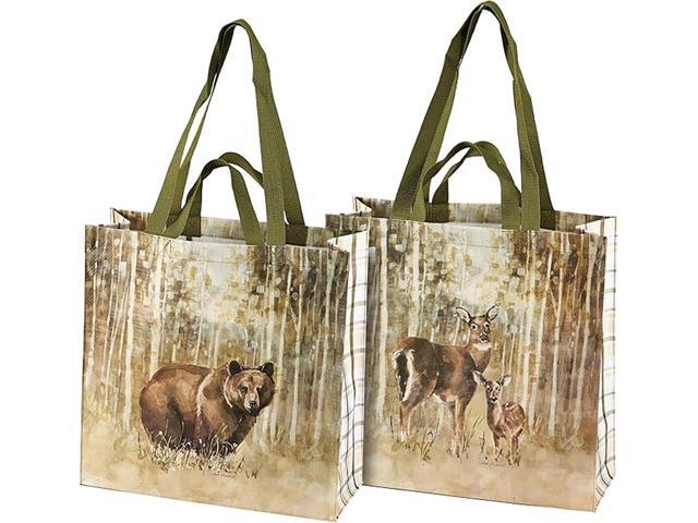 Primitives By Kathy Market Tote - Bear and Deer in Woods and Trees, 15 inches