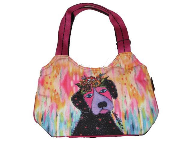 Laurel Burch Violet Puppy Dog with Flowers Small Scoop Tote Bag, 12.5x 9.5