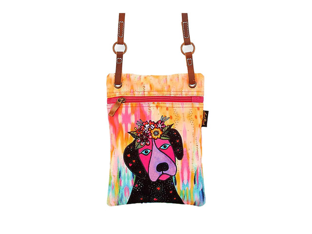 Laurel Burch Violet Puppy Dog with Flowers Small Crossbody Bag, 6.5x 8.5