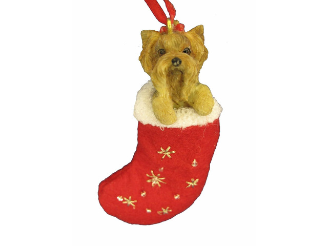 Yorkie Puppy Christmas Stocking Ornament Hand Painted and Stitched Detail