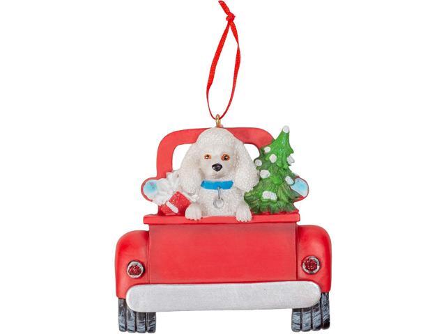 Kurt Adler White Poodle in Back of Truck Hanging Ornament 5 in. High,