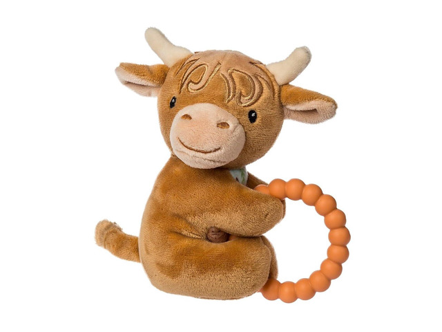 Mary Meyer Soft Baby Rattle with Soothing Teether Ring, 6', Hetty Highland Cow