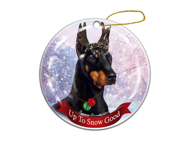 Holiday Pet Gifts Black Doberman Cropped Ears Dog Porcelain Christmas Ornament
