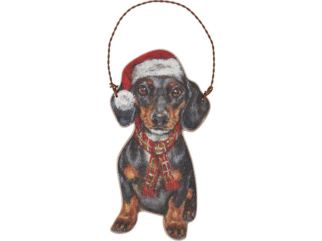 Primitives By Kathy Dachshund with Santa Hat and Scarf Wooden Christmas Ornament