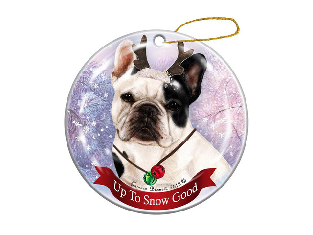 Holiday Pet Gifts French Bulldog White/Black Dog Porcelain Christmas Ornament