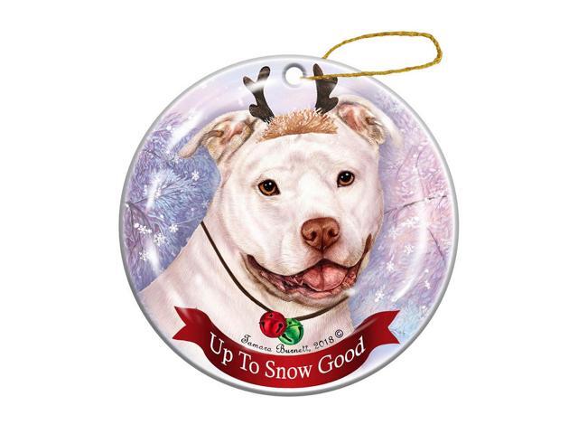 Holiday Pet Gifts White Pit Bull Uncropped Dog Porcelain Christmas Ornament