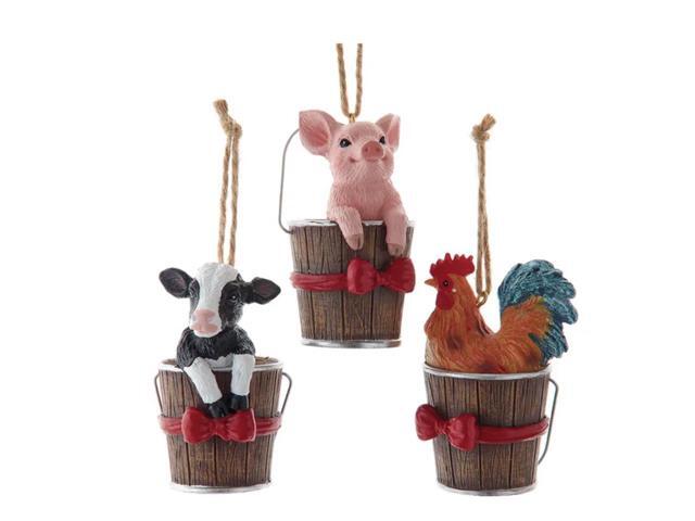 Kurt Adler Farm Animals In Bucket, Cow Pig, Rooster Christmas Tree Ornaments, 3'