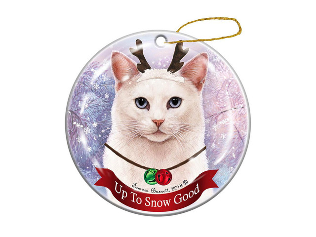 Holiday Pet Gifts White Shorthaired Blue Eye Cat Porcelain Christmas Ornament