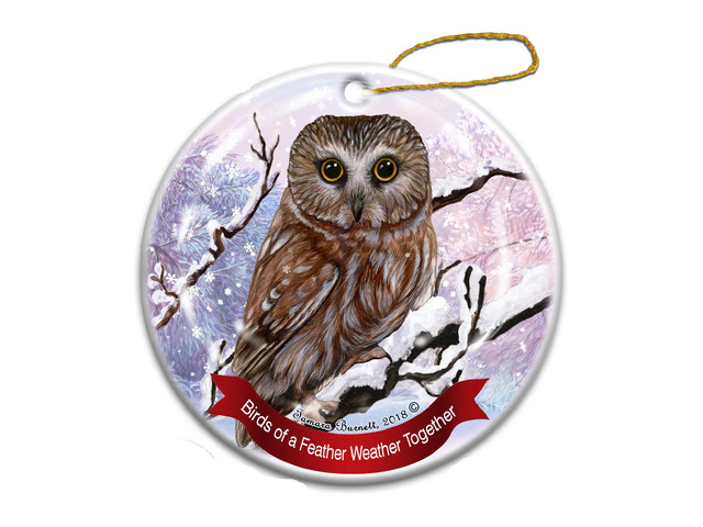 Holiday Pet Gifts Saw Whet Owl Bird Porcelain Christmas Ornament