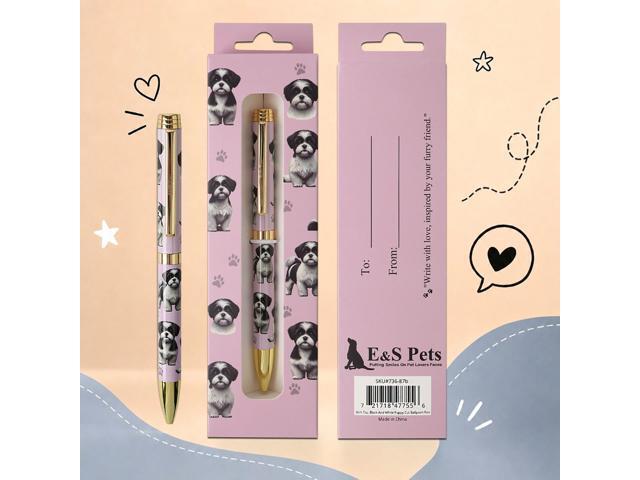 E & S Pets Refillable Ball Point Pen in Gift Box, Black/White Shih Tzu Puppy Cut