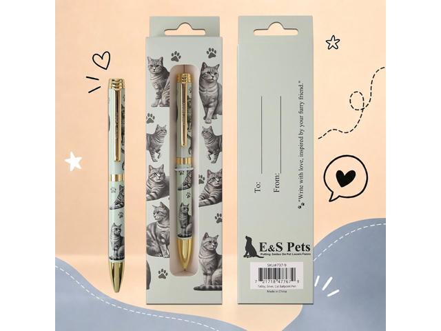 E & S Pets Refillable Ball Point Pen in Gift Box, Silver Tabby Cat