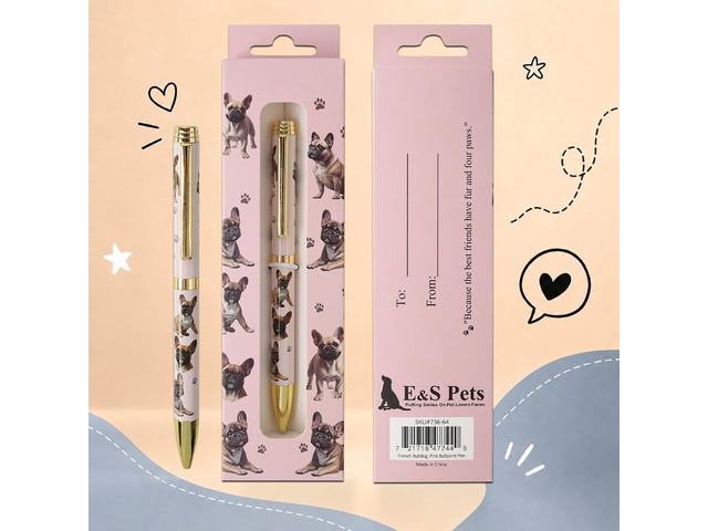 E & S Pets Refillable Ball Point Pen in Gift Box, French Bulldog Pink Pen