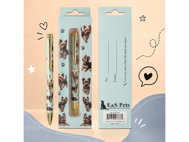 E & S Pets Refillable Ball Point Pen in Gift Box, Yorkshire Terrier Dog Teal Pen
