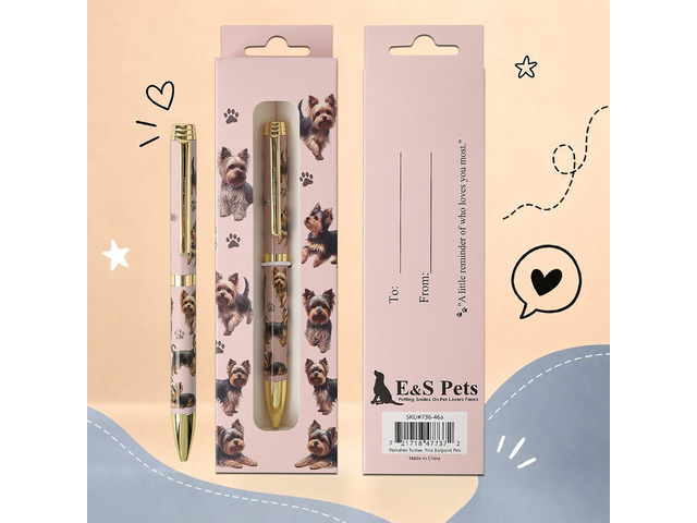 E & S Pets Refillable Ball Point Pen in Gift Box, Yorkshire Terrier Pink Pen