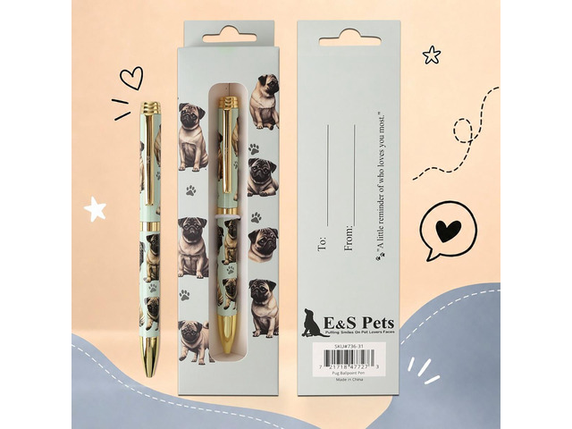 E & S Pets Refillable Ball Point Pen in Gift Box, Tan Pug