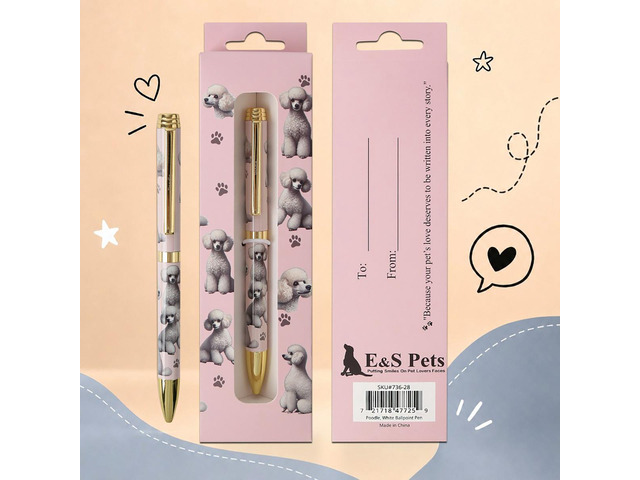 E & S Pets Refillable Ball Point Pen in Gift Box, White Poodle