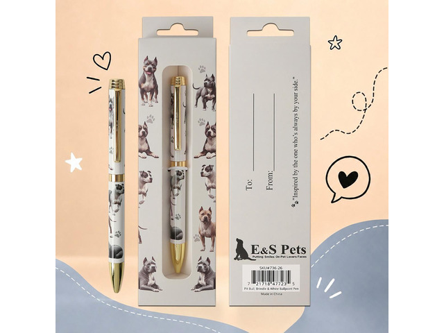 E & S Pets Refillable Ball Point Pen in Gift Box, Brindle & White Pit Bull Dog