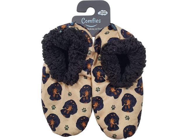 Comfies Womens Black Dachshund Dog Slippers - Sherpa Lined Animal Print Booties