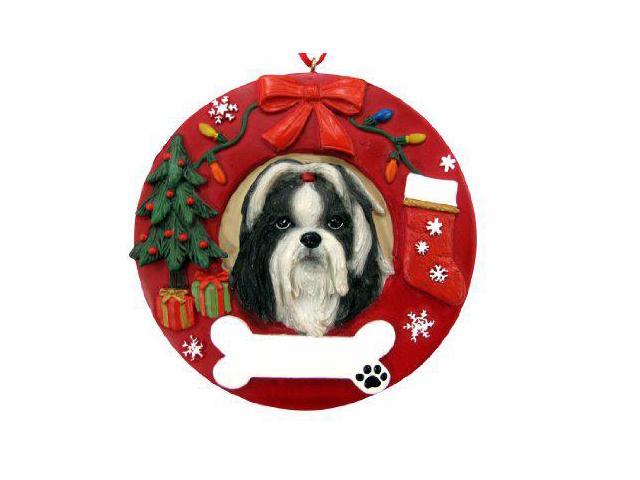 E & S Pets Black and White Shih Tzu Christmas Ornament Wreath Shaped Easily Personalized