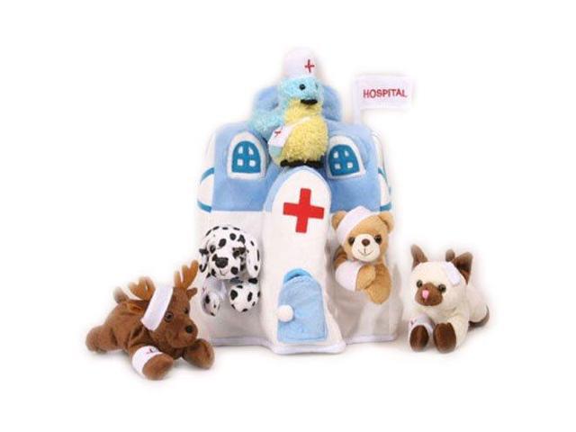 Plush Animal Hospital House & 5 Animals-(Bear, Dalmatian, Cat, Bird, Moose