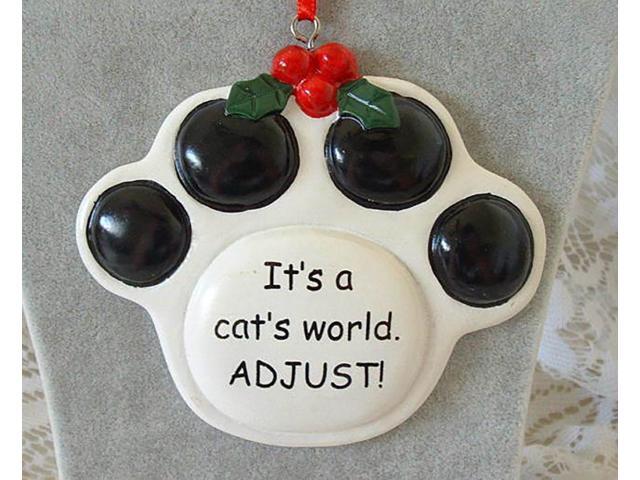 Ceramic Paw Print Christmas Ornament 'It's a Cat's World. Adjust!'