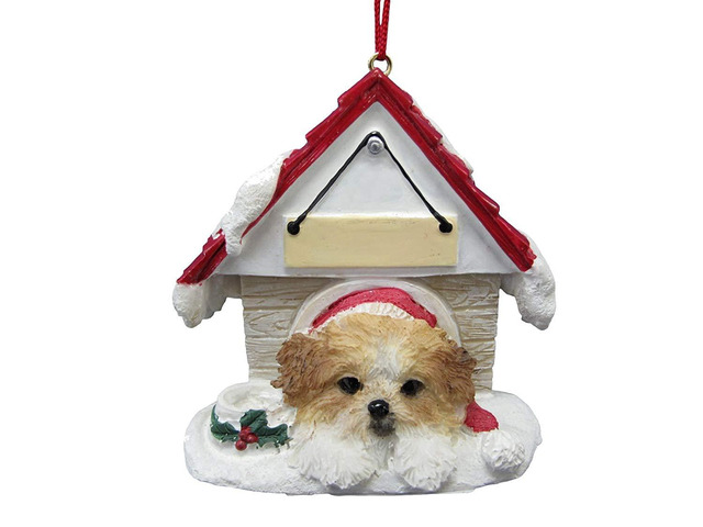 Shih Tzu Puppycut, Tan & White Doghouse Ornament Hand Painted