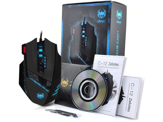 ZELOTES C-12 Wired USB Optical Gaming Mouse 7 LED Lights 12 Key Adjustable 4000DPI Computer Mouse Mice Cable Mouse for Pro Gamer