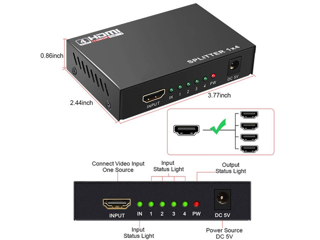 ESTONE HDMI Splitter 1 in 4 out Full Ultra HD 1080P 4K/2K 1X4 Port Box Hub with Power Adapter v1.4 Powered Certified for 3D Support