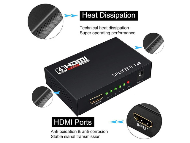 ESTONE HDMI Splitter 1 in 4 out Full Ultra HD 1080P 4K/2K 1X4 Port Box Hub with Power Adapter v1.4 Powered Certified for 3D Support