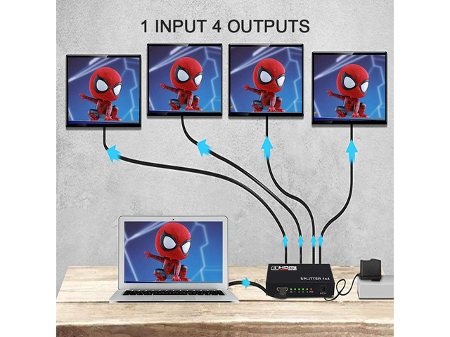 ESTONE HDMI Splitter 1 in 4 out Full Ultra HD 1080P 4K/2K 1X4 Port Box Hub with Power Adapter v1.4 Powered Certified for 3D Support