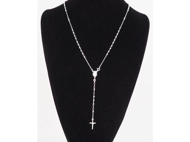 925 Sterling Silver Diamond Cut Italian 3mm Rosary Beads Chain with Cross Necklace 22' Rosario