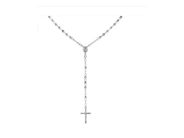 925 Sterling Silver Diamond Cut Italian 3mm Rosary Beads Chain with Cross Necklace 20' Rosario