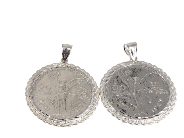 MST 925 Sterling Silver Mexican 50 Peso Centenario Coin Bezel Rope Edge Prong Back Pendant Necklace, Unisex, All Ages