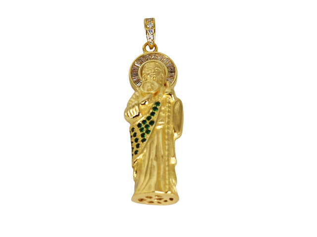 MST 925 Sterling Silver 14K Gold-Plated San Judas (Saint Jude) 3D Pendant Green Emerald & Baguette CZ, Italy