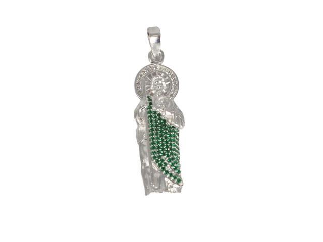 MST 925 Sterling Silver San Judas (Saint Jude) Pendant Necklace Clear and Green Emerald Cubic Zirconia, Unisex, All Ages