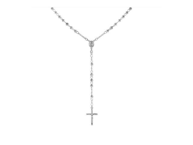 925 Sterling Silver Diamond Cut Italian 4mm Rosary Beads Chain with Cross Necklace 22' Rosario