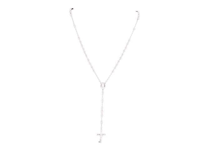 925 Sterling Silver Diamond Cut Italian 5mm Rosary Beads Chain with Cross Necklace 22' Rosario