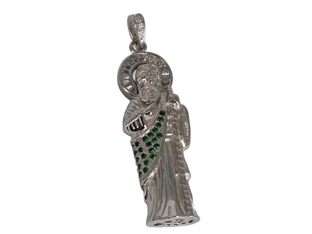 925 Sterling Silver San Judas (Saint Jude) 3D Pendant Necklace, Green Emerald & Baguette CZ, Italy, Unisex, All Ages