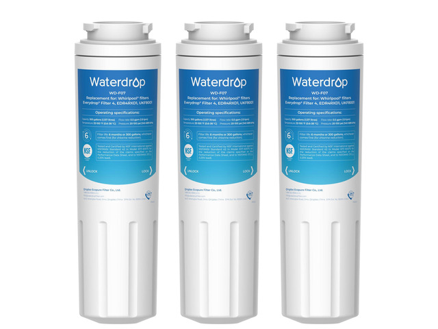 Waterdrop UKF8001 Refrigerator Water Filter 4, 3 Pack, Replacement for Whirlpool EDR4RXD1, EveryDrop Filter 4, Maytag UKF8001AXX-750