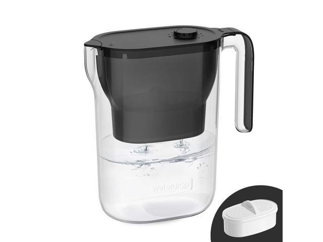 Waterdrop PT-05BL-L Water Filter Pitcher, 7-Cup, NSF Certified, Black, 200-Gallon Long-Life Filter Purifier, Reduces Chlorine and PFOA/PFOS