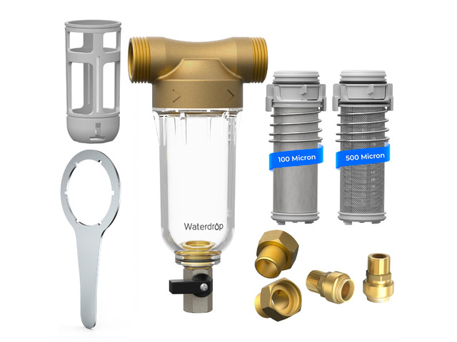 Waterdrop RPFK15 Spin Down Sediment Filter, 100 Micron+500 Micron,Backwash Whole House Water Filter System for City/Well Water, 1' MNPT + 3/4' FNPT...